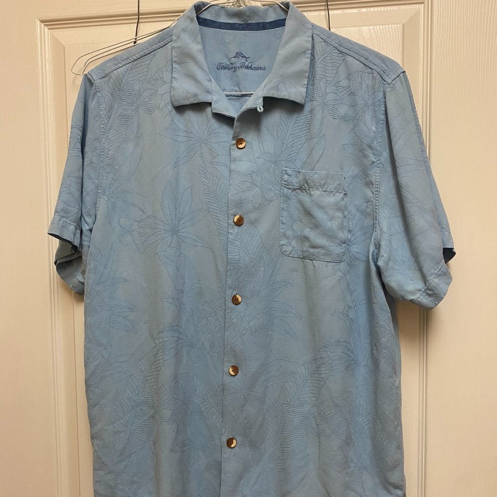 TOMMY BAHAMA 100% SILK SHORT SLEEVE CASUAL SHIRT SIZE L Light Blue